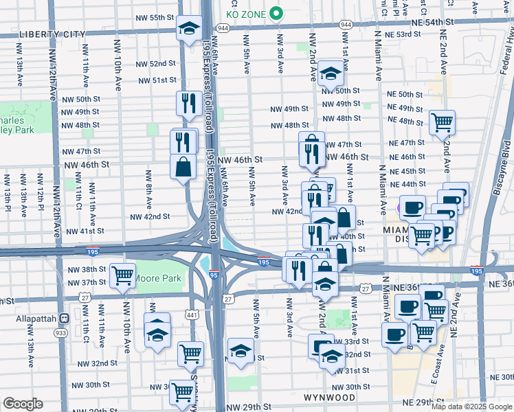 map of restaurants, bars, coffee shops, grocery stores, and more near 4221 Northwest 5 Avenue in Miami