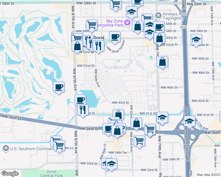 map of restaurants, bars, coffee shops, grocery stores, and more near 4663 Northwest 83rd Path in Doral