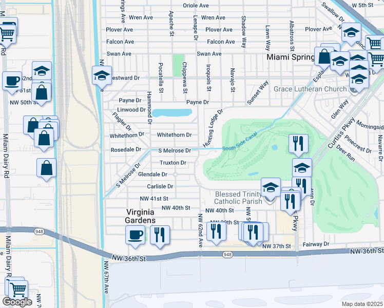 map of restaurants, bars, coffee shops, grocery stores, and more near 10 S Melrose Dr in Miami Springs