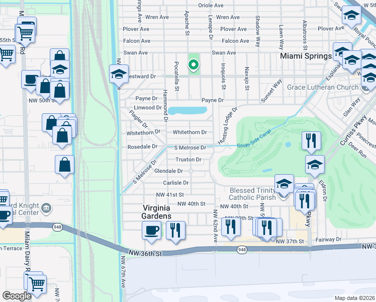 map of restaurants, bars, coffee shops, grocery stores, and more near 100 South Melrose Drive in Miami Springs