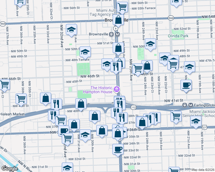 map of restaurants, bars, coffee shops, grocery stores, and more near 2900 Northwest 44th Street in Miami