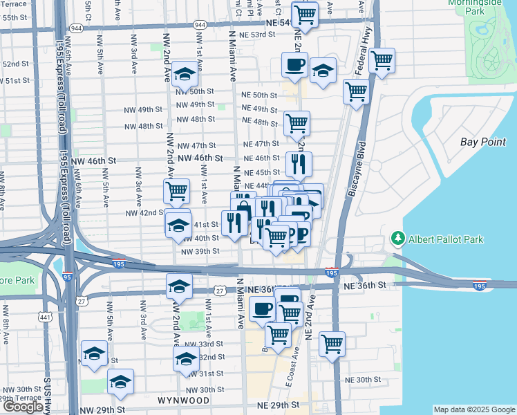 map of restaurants, bars, coffee shops, grocery stores, and more near 49 Northeast 42nd Street in Miami