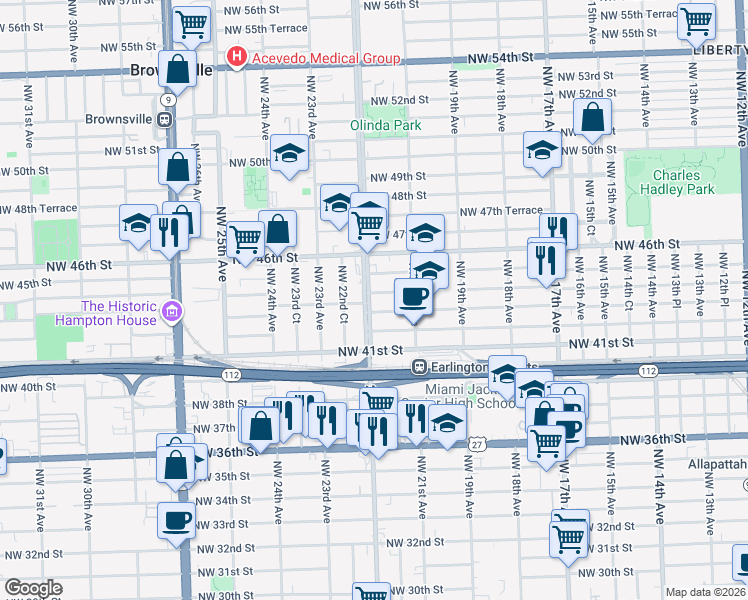 map of restaurants, bars, coffee shops, grocery stores, and more near 2170 Northwest 44th Street in Miami
