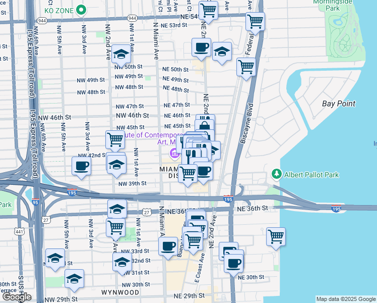 map of restaurants, bars, coffee shops, grocery stores, and more near 111 Northeast 42nd Street in Miami