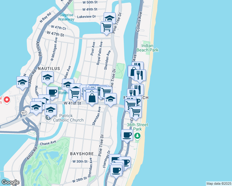 map of restaurants, bars, coffee shops, grocery stores, and more near 4221 Pine Tree Drive in Miami Beach