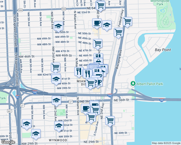 map of restaurants, bars, coffee shops, grocery stores, and more near 111 Northeast 42nd Street in Miami