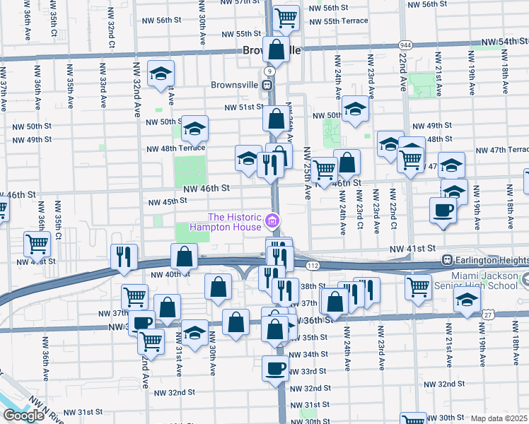 map of restaurants, bars, coffee shops, grocery stores, and more near 2723 Northwest 43rd Terrace in Miami