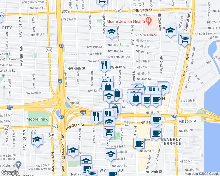 map of restaurants, bars, coffee shops, grocery stores, and more near 169 Northwest 42nd Street in Miami
