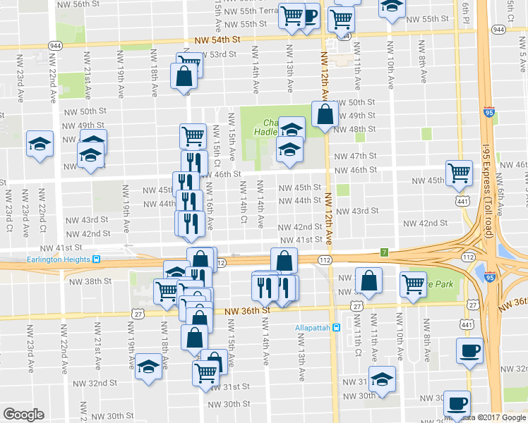 map of restaurants, bars, coffee shops, grocery stores, and more near 4301 Northwest 14th Avenue in Miami
