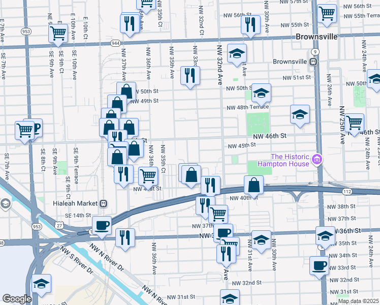 map of restaurants, bars, coffee shops, grocery stores, and more near 4551 Northwest 33rd Court in Miami