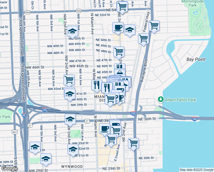 map of restaurants, bars, coffee shops, grocery stores, and more near 111 Northeast 42nd Street in Miami