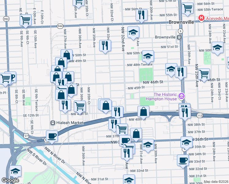 map of restaurants, bars, coffee shops, grocery stores, and more near 3270 Northwest 45th Street in Miami