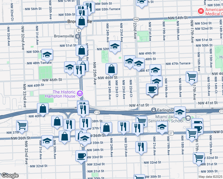 map of restaurants, bars, coffee shops, grocery stores, and more near 4338 Northwest 24th Avenue in Miami