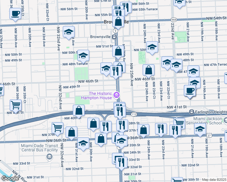 map of restaurants, bars, coffee shops, grocery stores, and more near 2723 Northwest 43rd Terrace in Miami