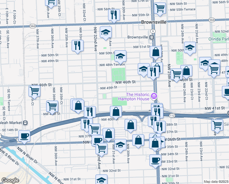 map of restaurants, bars, coffee shops, grocery stores, and more near 3050 Northwest 44th Street in Miami