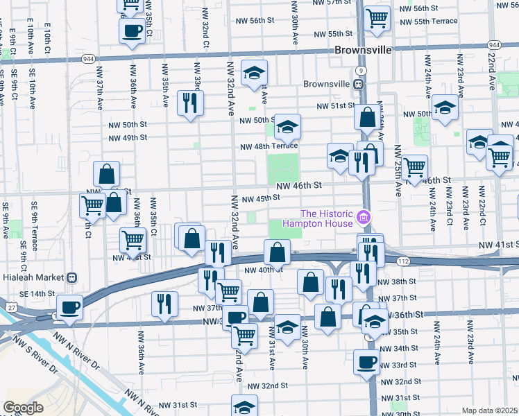 map of restaurants, bars, coffee shops, grocery stores, and more near 3111 Northwest 44th Street in Miami