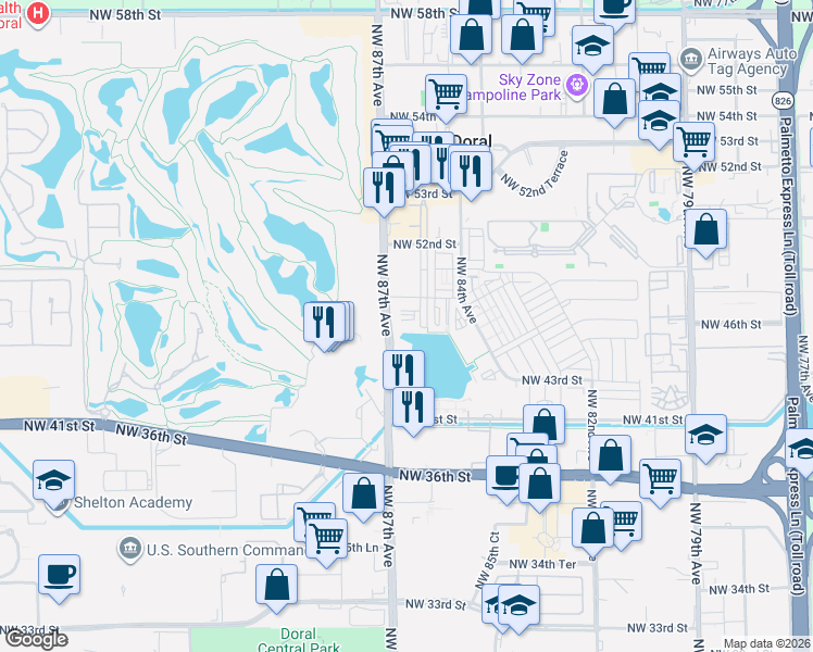 map of restaurants, bars, coffee shops, grocery stores, and more near 4720 Northwest 85th Avenue in Doral