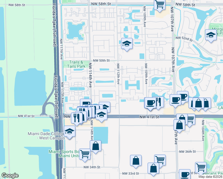 map of restaurants, bars, coffee shops, grocery stores, and more near 11265 Northwest 44th Terrace in Doral