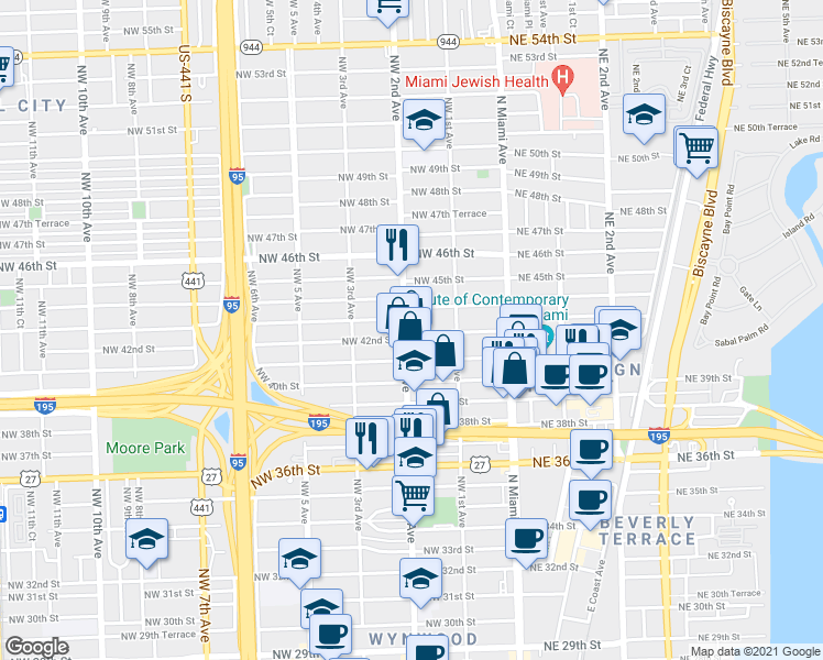 map of restaurants, bars, coffee shops, grocery stores, and more near 169 Northwest 42nd Street in Miami