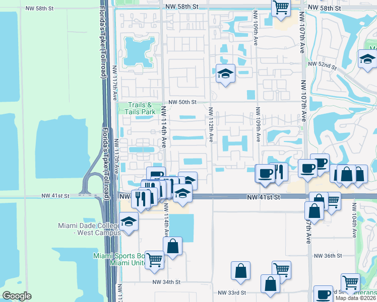 map of restaurants, bars, coffee shops, grocery stores, and more near 11265 Northwest 44th Terrace in Doral