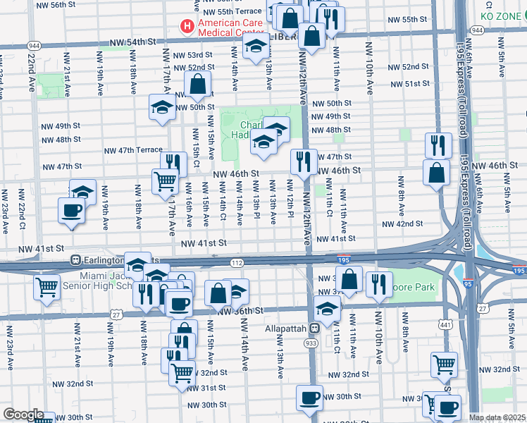 map of restaurants, bars, coffee shops, grocery stores, and more near 1327 Northwest 43rd Street in Miami