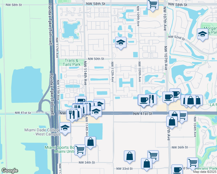 map of restaurants, bars, coffee shops, grocery stores, and more near 11265 Northwest 44th Terrace in Doral