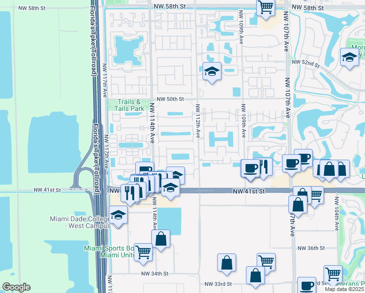 map of restaurants, bars, coffee shops, grocery stores, and more near 11265 Northwest 44th Terrace in Doral
