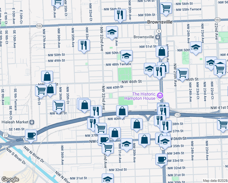 map of restaurants, bars, coffee shops, grocery stores, and more near 3111 Northwest 44th Street in Miami