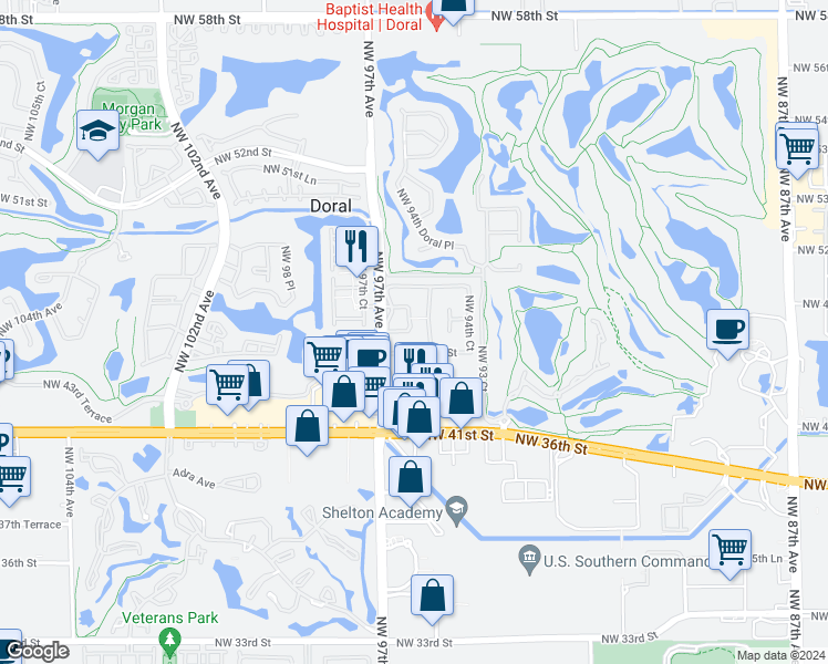 map of restaurants, bars, coffee shops, grocery stores, and more near 4557 Northwest 96th Avenue in Miami