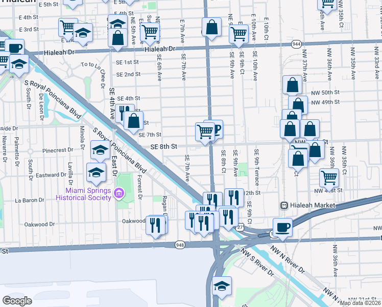 map of restaurants, bars, coffee shops, grocery stores, and more near 711 Southeast 8th Place in Hialeah