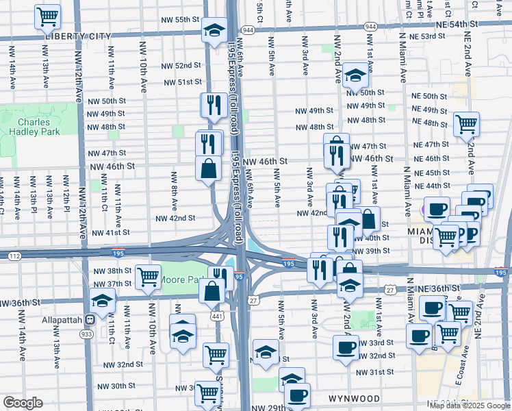 map of restaurants, bars, coffee shops, grocery stores, and more near 568 Northwest 43rd Street in Miami