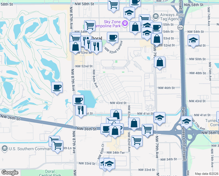 map of restaurants, bars, coffee shops, grocery stores, and more near 4663 Northwest 83rd Path in Doral