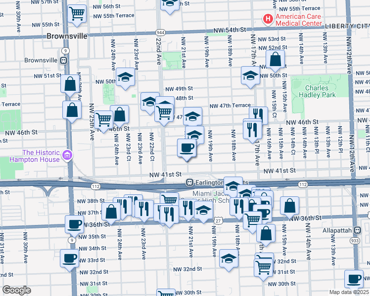 map of restaurants, bars, coffee shops, grocery stores, and more near 2100 Northwest 44th Street in Miami