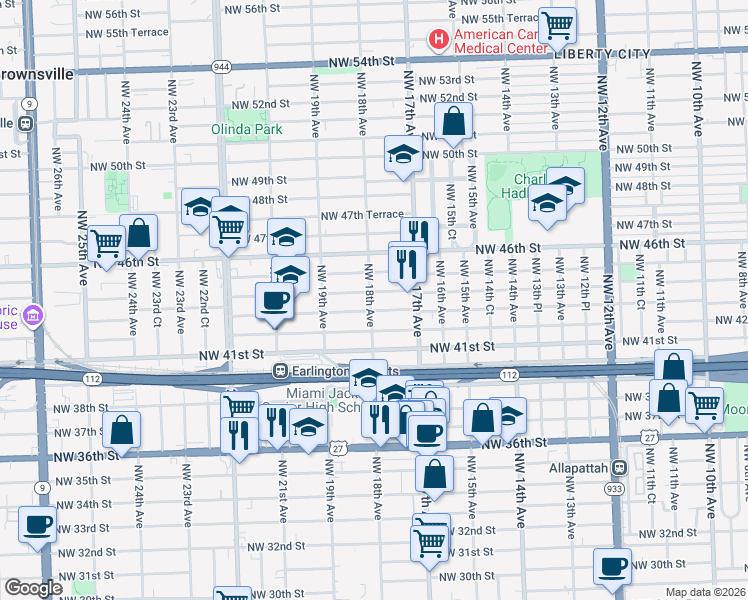 map of restaurants, bars, coffee shops, grocery stores, and more near 4313 Northwest 18th Avenue in Miami