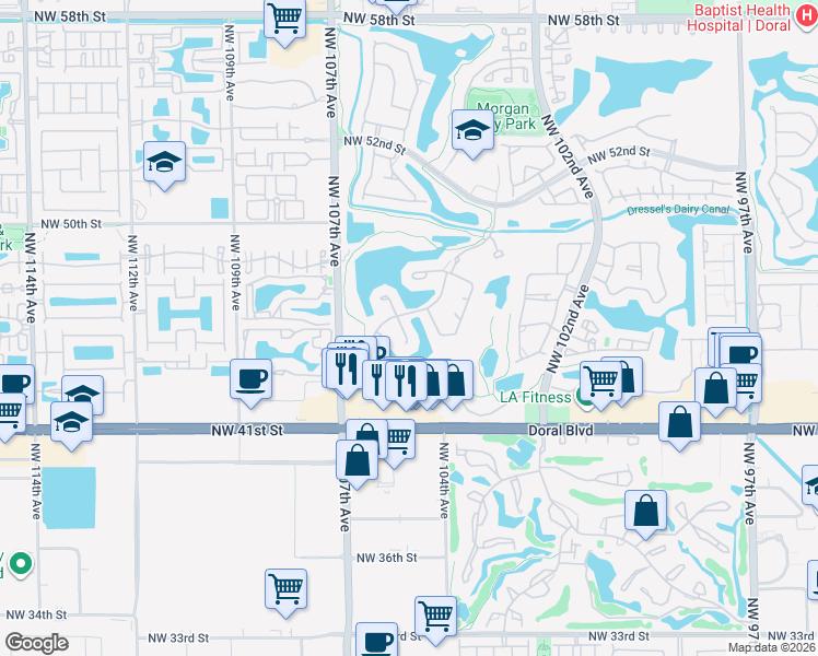 map of restaurants, bars, coffee shops, grocery stores, and more near 10375 Northwest 46th Street in Doral
