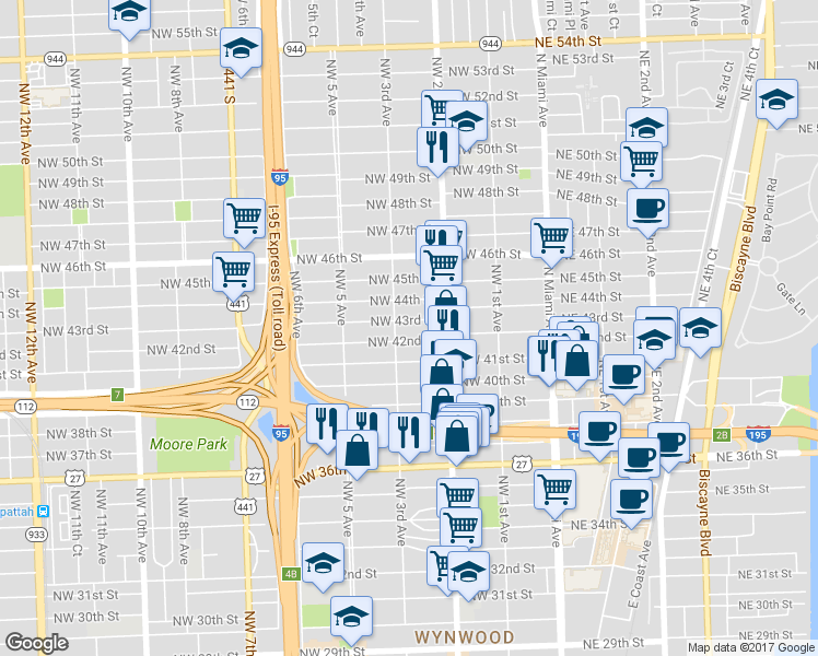 map of restaurants, bars, coffee shops, grocery stores, and more near 243 Northwest 42nd Street in Miami
