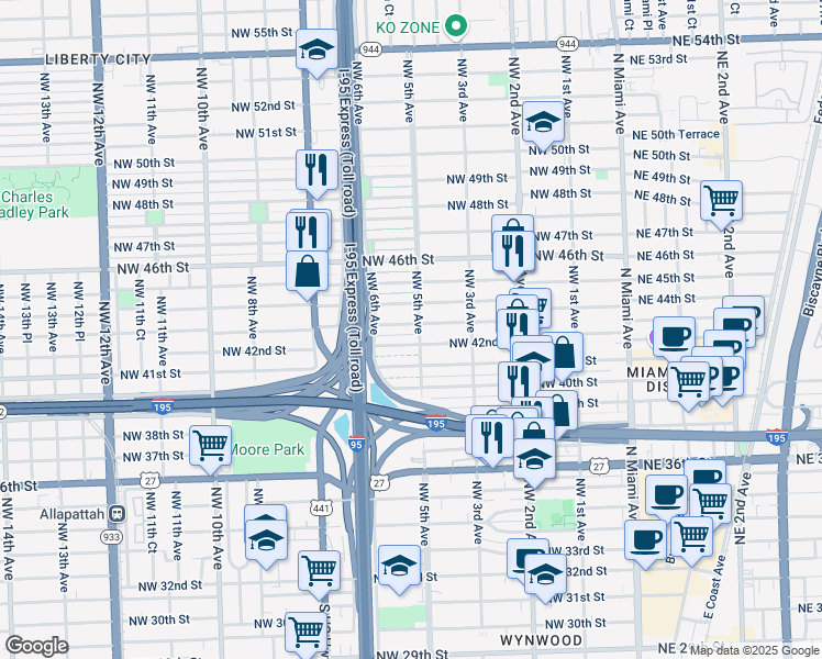 map of restaurants, bars, coffee shops, grocery stores, and more near 4221 Northwest 5 Avenue in Miami