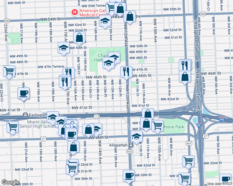 map of restaurants, bars, coffee shops, grocery stores, and more near 1253 Northwest 43rd Street in Miami