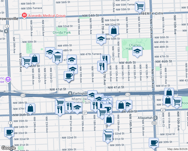 map of restaurants, bars, coffee shops, grocery stores, and more near 4313 Northwest 18th Avenue in Miami