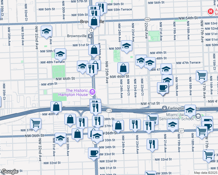 map of restaurants, bars, coffee shops, grocery stores, and more near 2492 Northwest 44th Street in Miami
