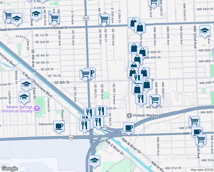 map of restaurants, bars, coffee shops, grocery stores, and more near 840 Southeast 9th Court in Hialeah