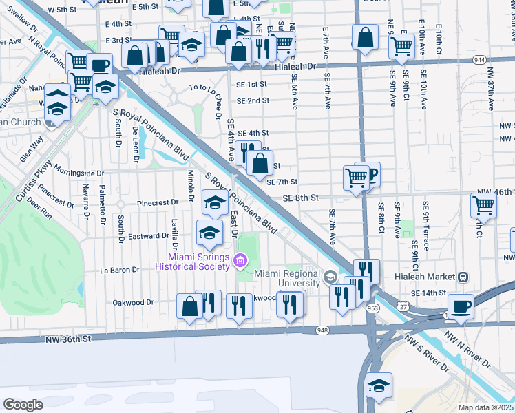 map of restaurants, bars, coffee shops, grocery stores, and more near 333 South Royal Poinciana Boulevard in Miami Springs