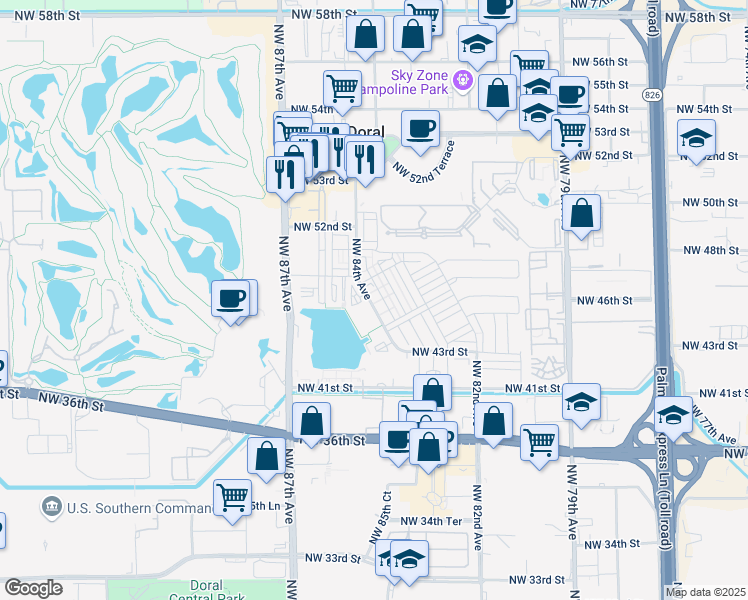 map of restaurants, bars, coffee shops, grocery stores, and more near 4696 Northwest 84th Avenue in Doral