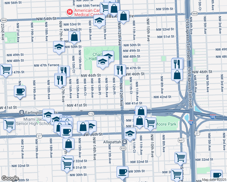 map of restaurants, bars, coffee shops, grocery stores, and more near 1253 Northwest 43rd Street in Miami