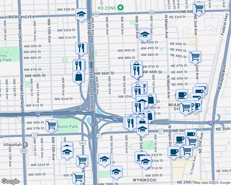 map of restaurants, bars, coffee shops, grocery stores, and more near 410 Northwest 43rd Street in Miami