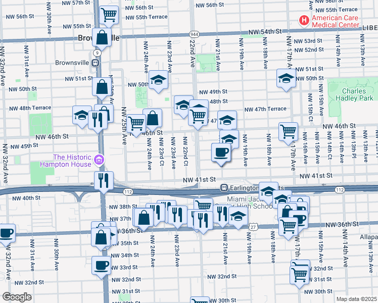 map of restaurants, bars, coffee shops, grocery stores, and more near 4303 Northwest 22nd Court in Miami