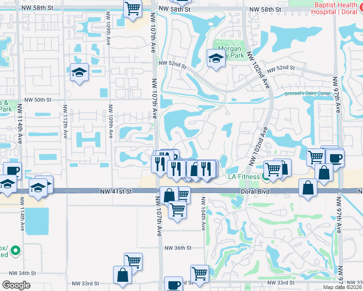map of restaurants, bars, coffee shops, grocery stores, and more near 10375 Northwest 46th Street in Doral