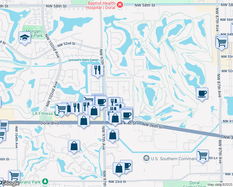 map of restaurants, bars, coffee shops, grocery stores, and more near 4606 Northwest 95th Avenue in Doral