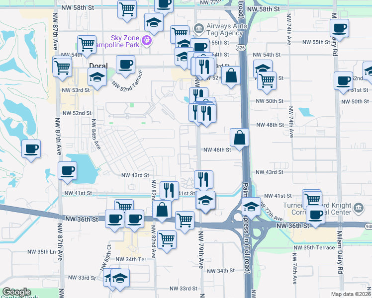 map of restaurants, bars, coffee shops, grocery stores, and more near 4650 Northwest 79th Avenue in Doral