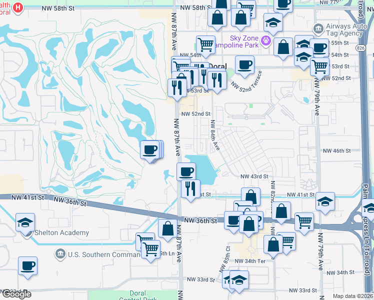 map of restaurants, bars, coffee shops, grocery stores, and more near 4720 Northwest 85th Avenue in Doral